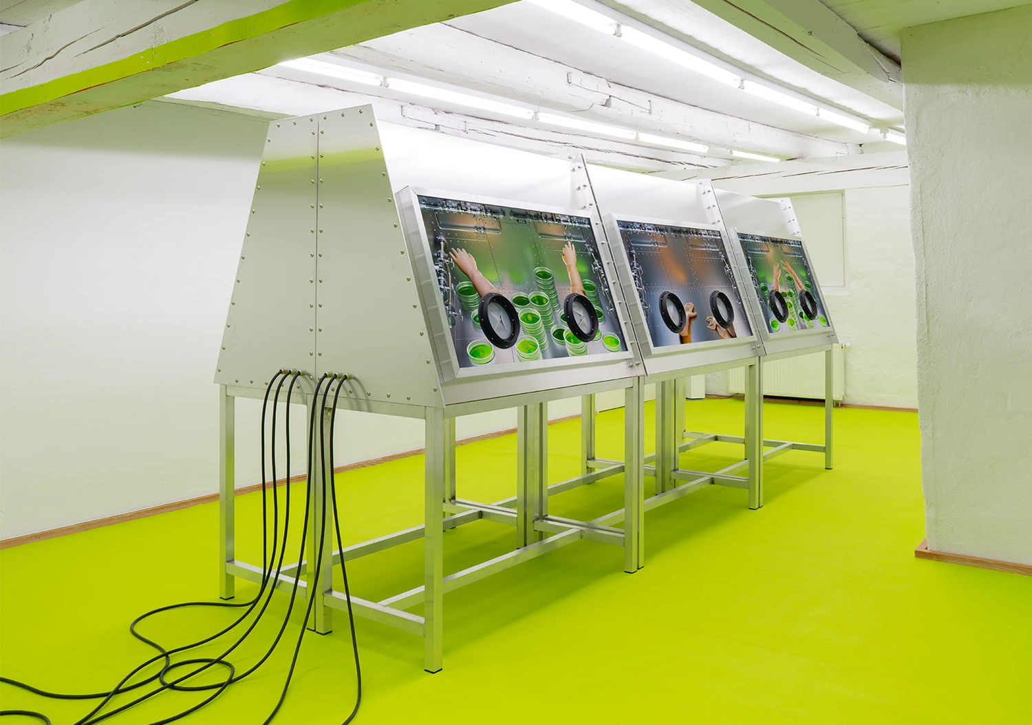 Stine Deja, Micro Management, installation view, Viborg Kunsthal, inflatable sculpture, human-bear hybrid, neon laboratory, bio-art