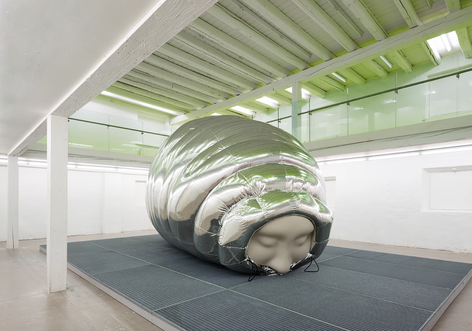 Stine Deja, Micro Management, installation view, Viborg Kunsthal, inflatable sculpture, human-bear hybrid, neon laboratory, bio-art