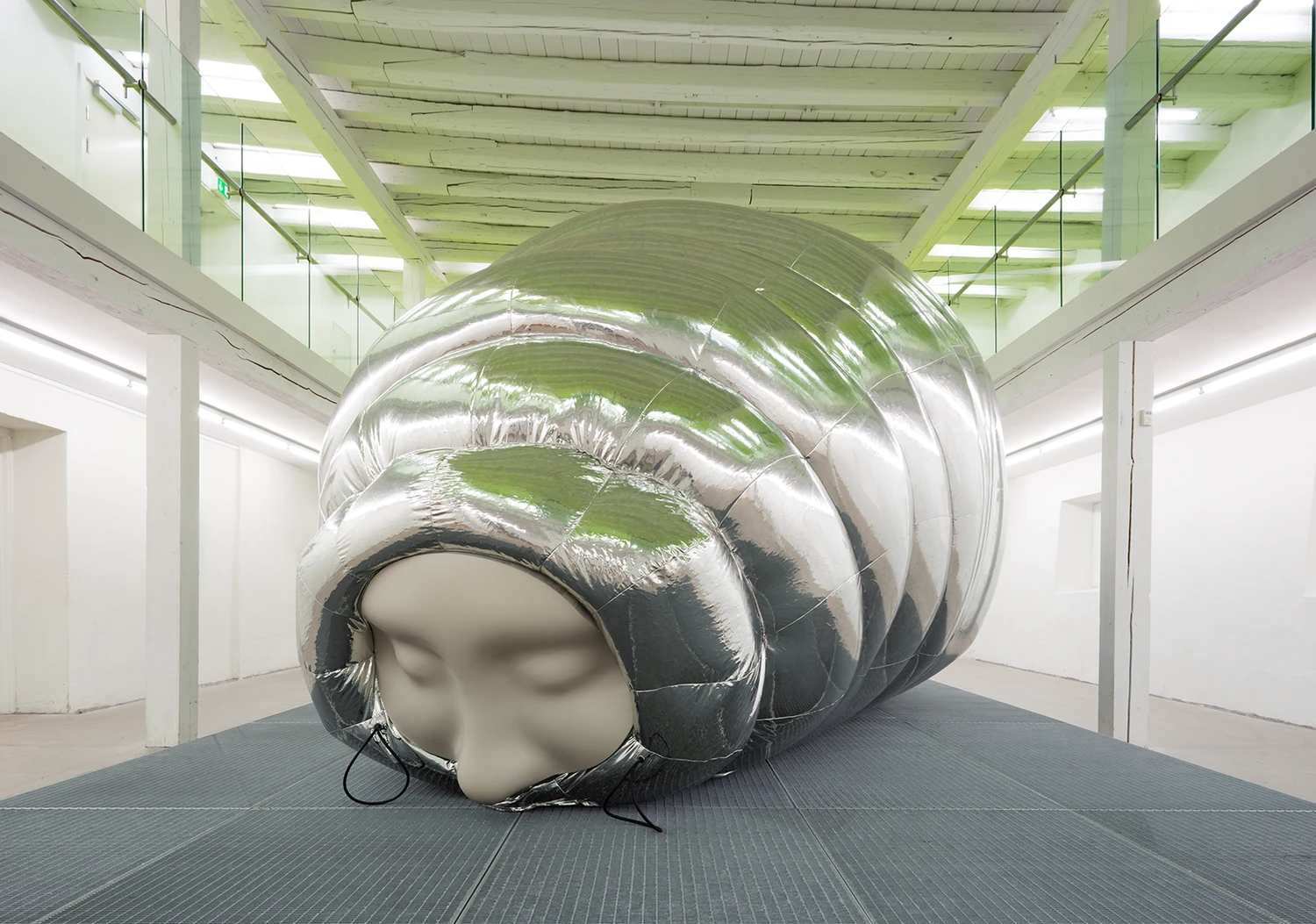 Stine Deja, Micro Management, installation view, Viborg Kunsthal, inflatable sculpture, human-bear hybrid, neon laboratory, bio-art