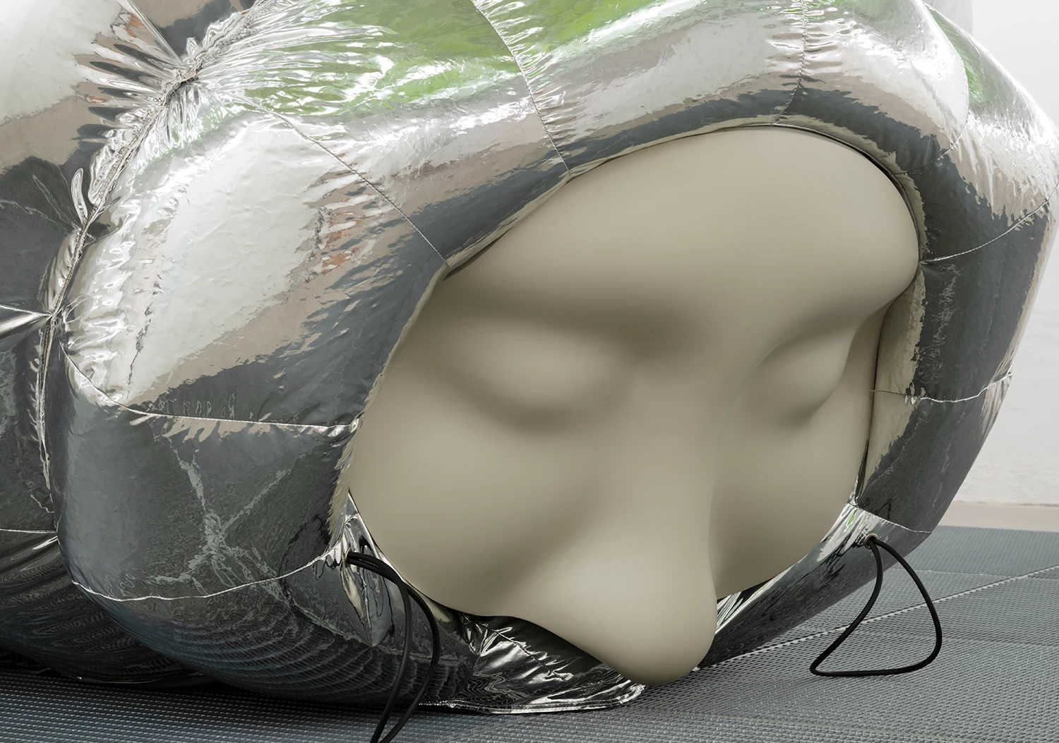 Stine Deja, Micro Management, installation view, Viborg Kunsthal, inflatable sculpture, human-bear hybrid, neon laboratory, bio-art