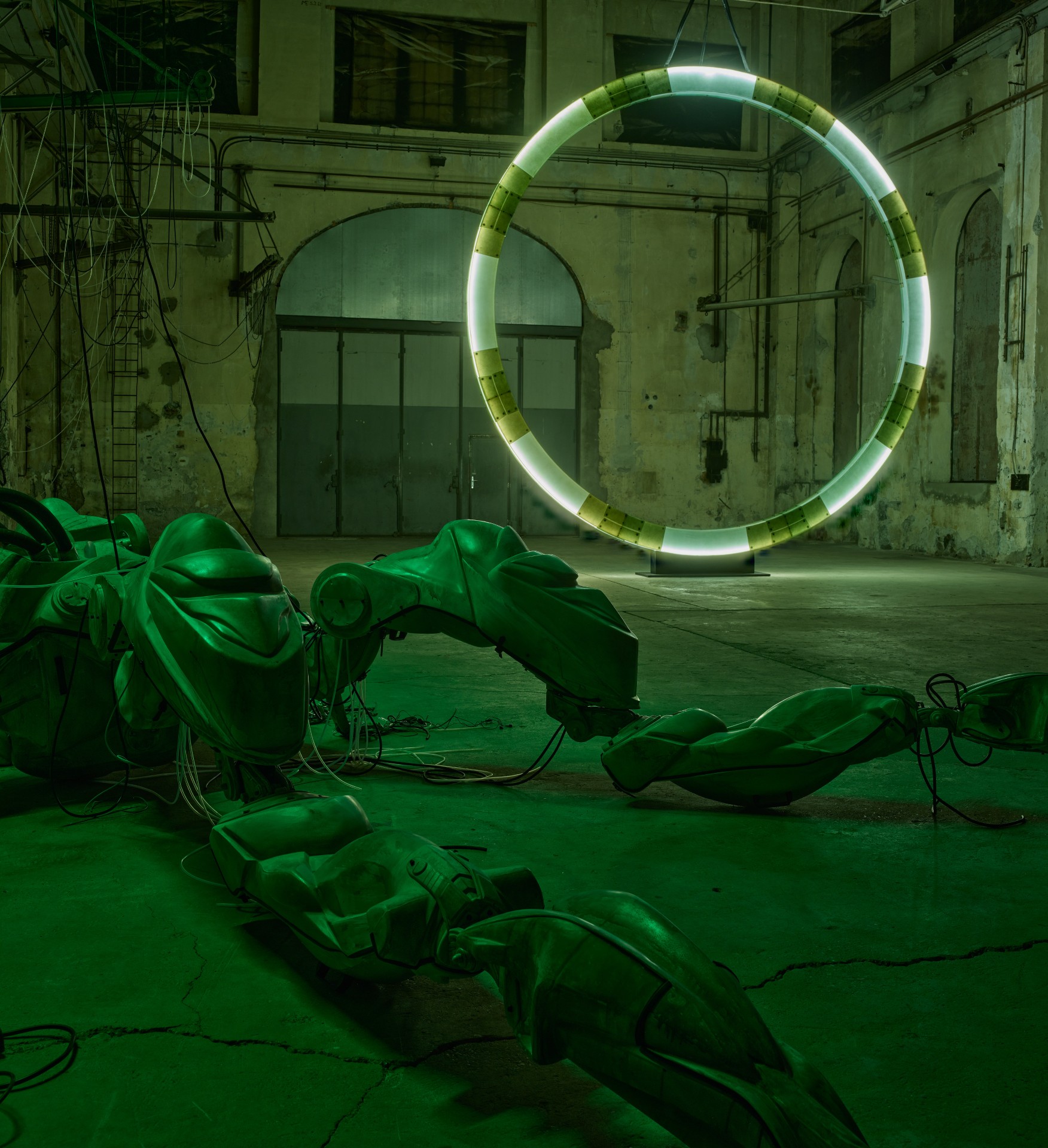 Detail of Mecha (protective suit) by Davide Allieri, upper body section with drone-like aerodynamic form, Kunstraum Dornbirn 2026