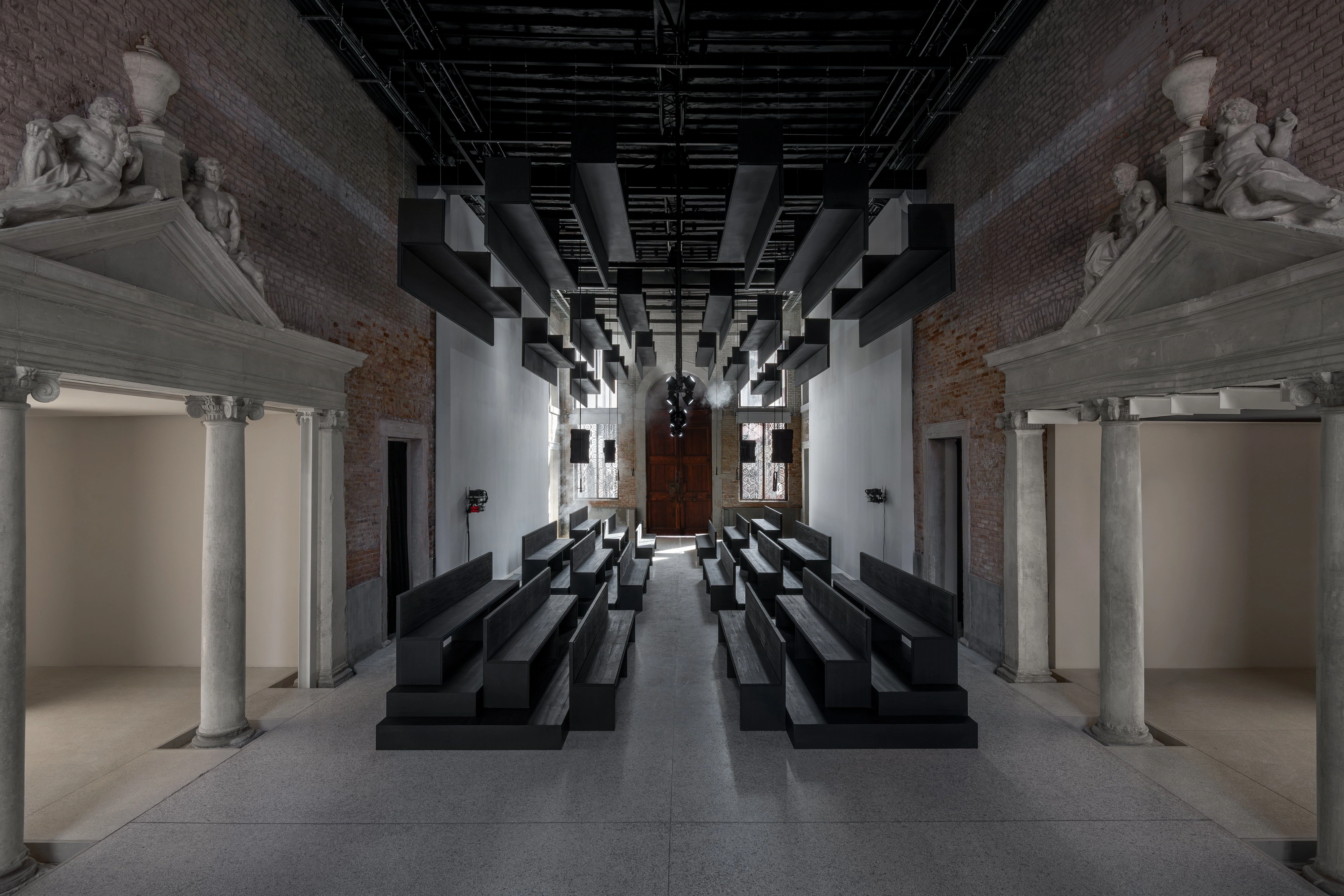 Installation views of Strange Rules at Palazzo Diedo, Venice, 2026, curated by Mat Dryhurst, Holly Herndon, Hans Ulrich Obrist and Adriana Rispoli, featuring works engaging protocol, AI, and biological research.