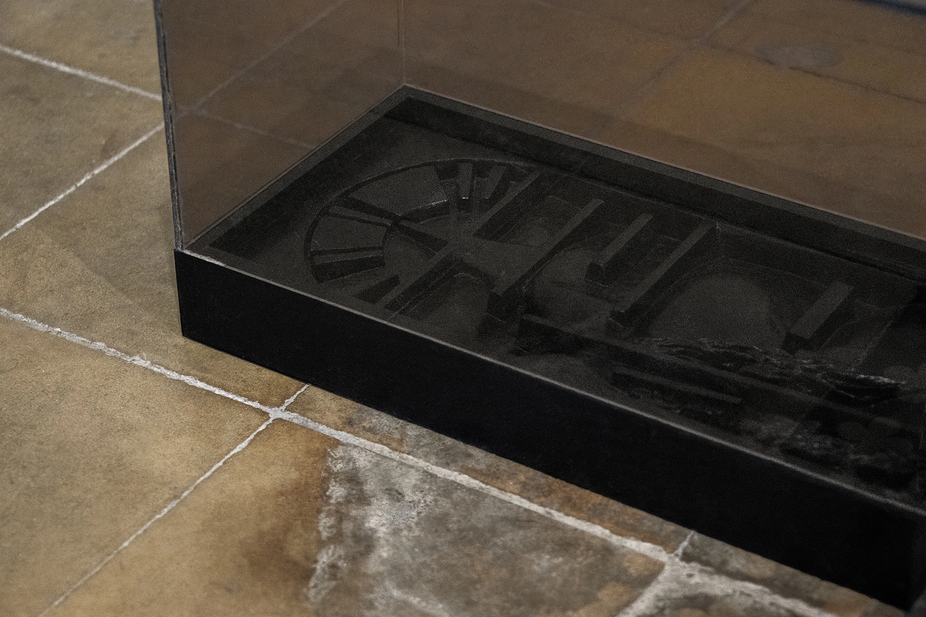 Sofiia Yesakova, detail of display vitrine containing black relief sculpture of anatomical theatre cross-section, 2026