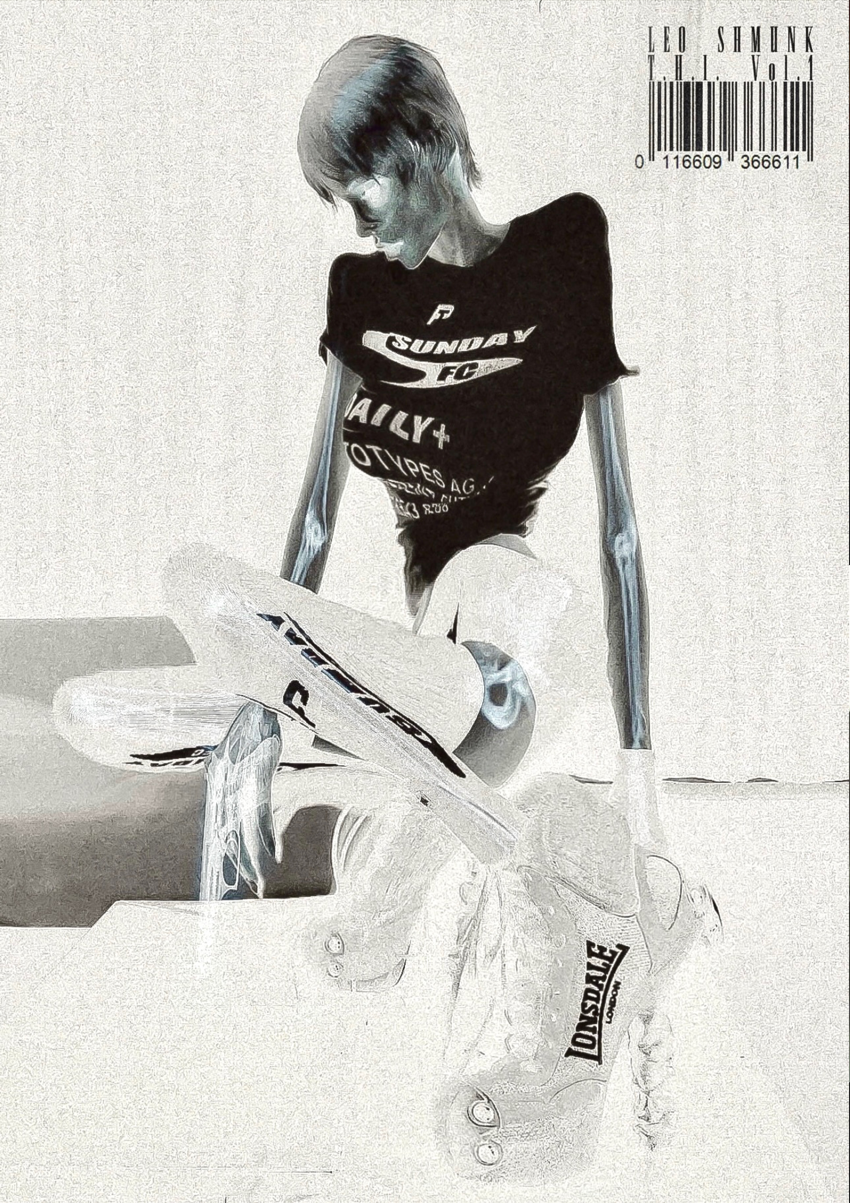 Spread from TheHunterIssue Vol.1 by Leo Shmunk, cover plate with a gaunt figure in a black SUNDAY FC tee handling translucent Nike sneakers and Lonsdale wraps, masthead and barcode top-right, 2026. Photo: Leo Shmunk.