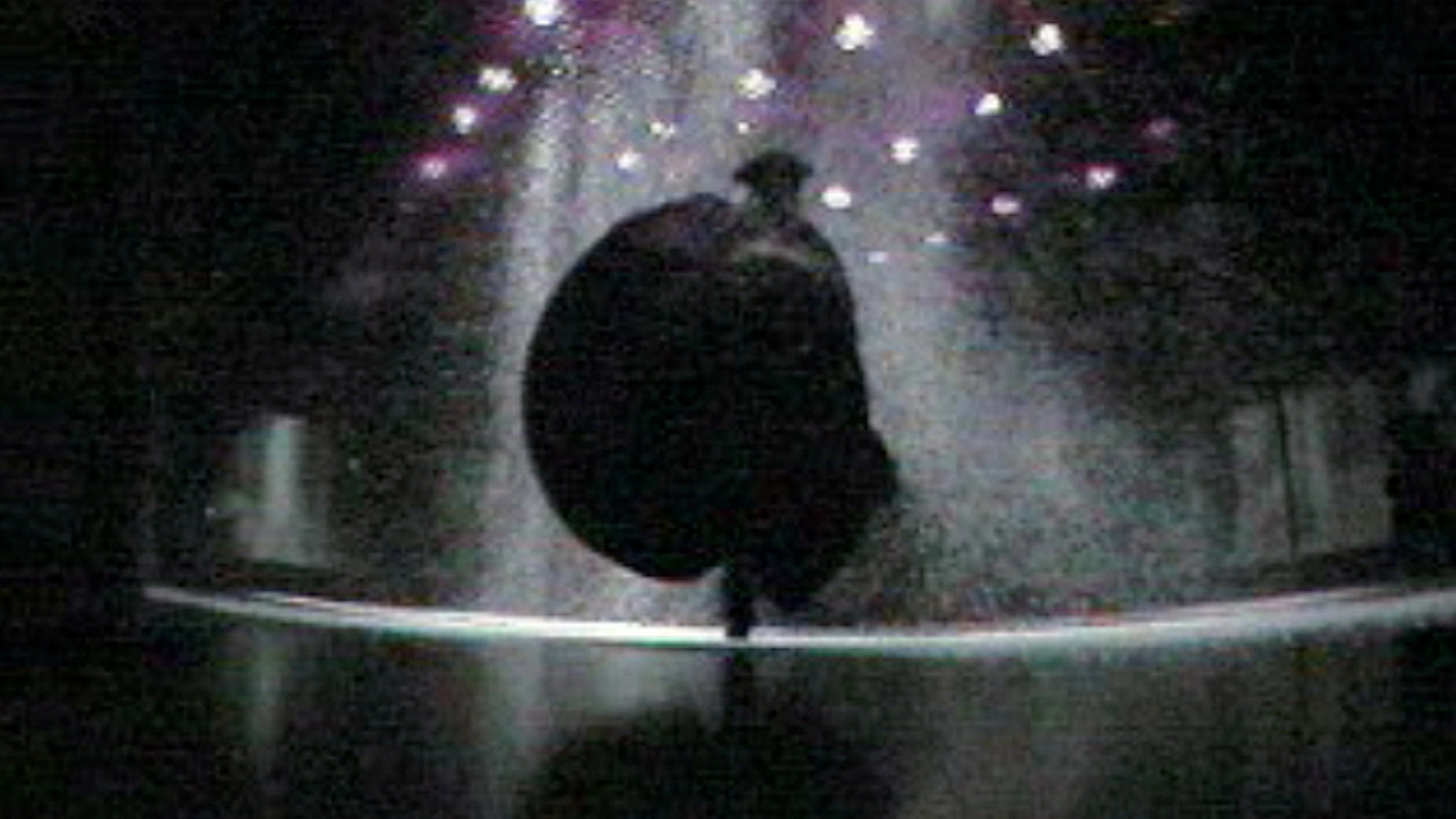 A grainy cameraphone frame of a cloaked silhouette under stage lights at Alexander McQueen's Black.