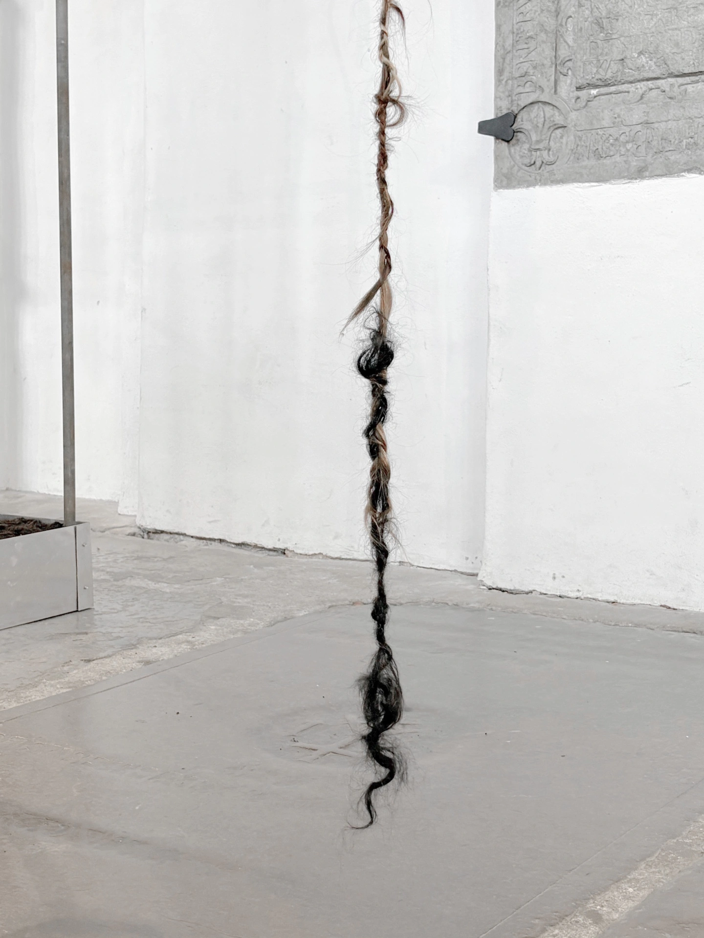 Angelika Puff, Bird Cage, 2025 — view of iron armature with densely knotted human hair and soil inside the Gothic nave, pale church walls behind.