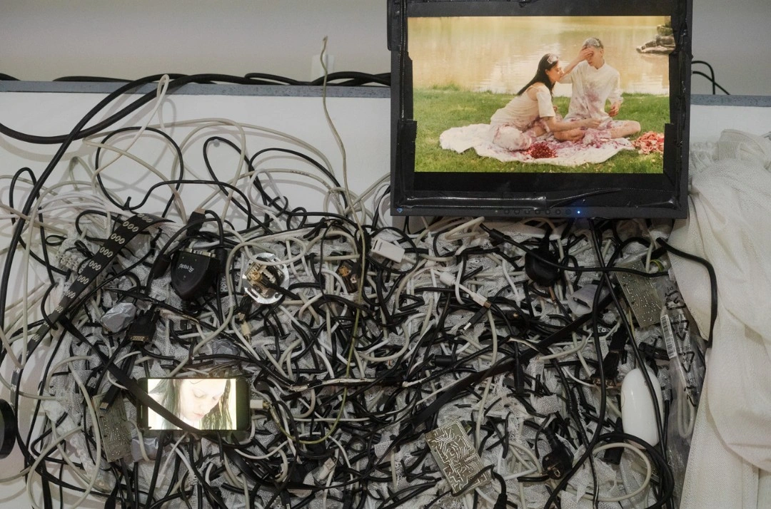 Installation detail, Seeds know no tree., New Fears Gallery, 2026: mass of tangled cables, chargers, and adapters piled against white wall with two small embedded screens showing video footage, entropy of connectivity. Photo: Sandro Mosco