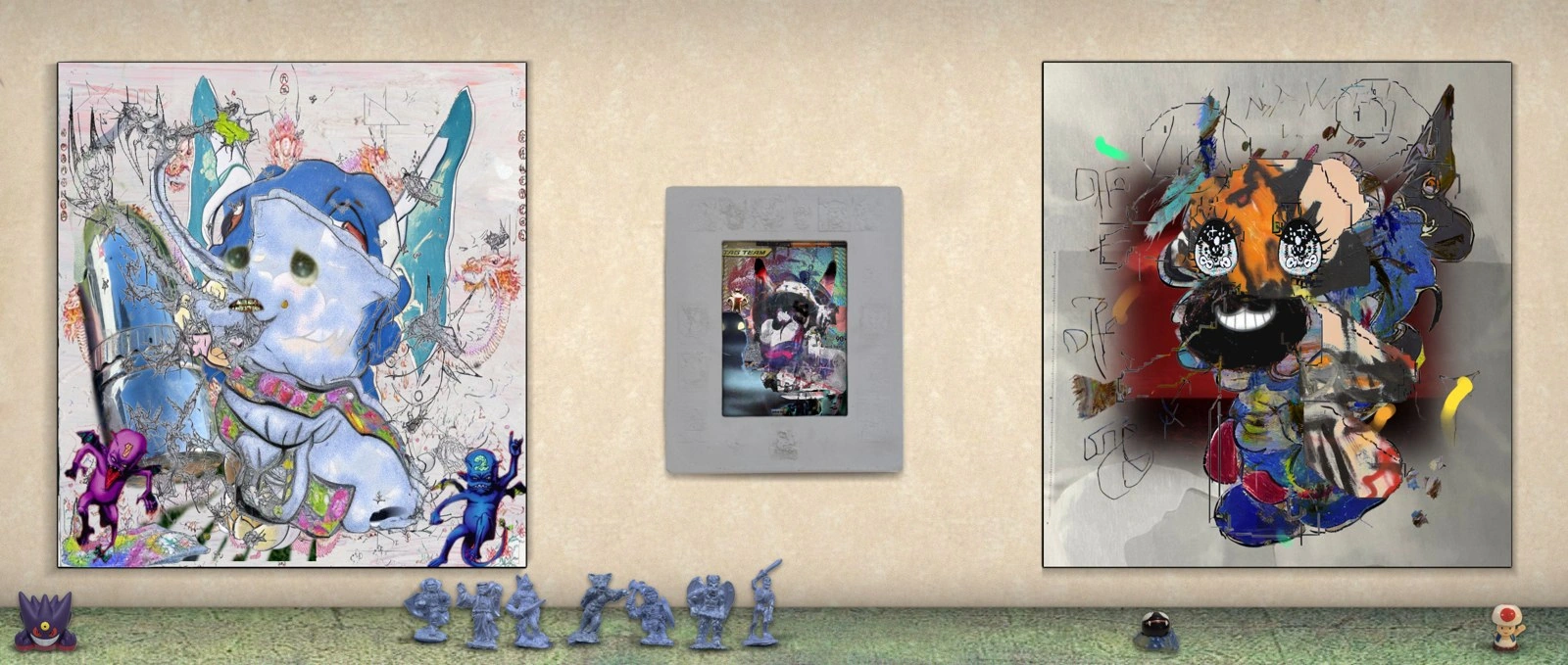 Drifella III, Evil Biscuit, 2025, installation view of the room-like triptychs