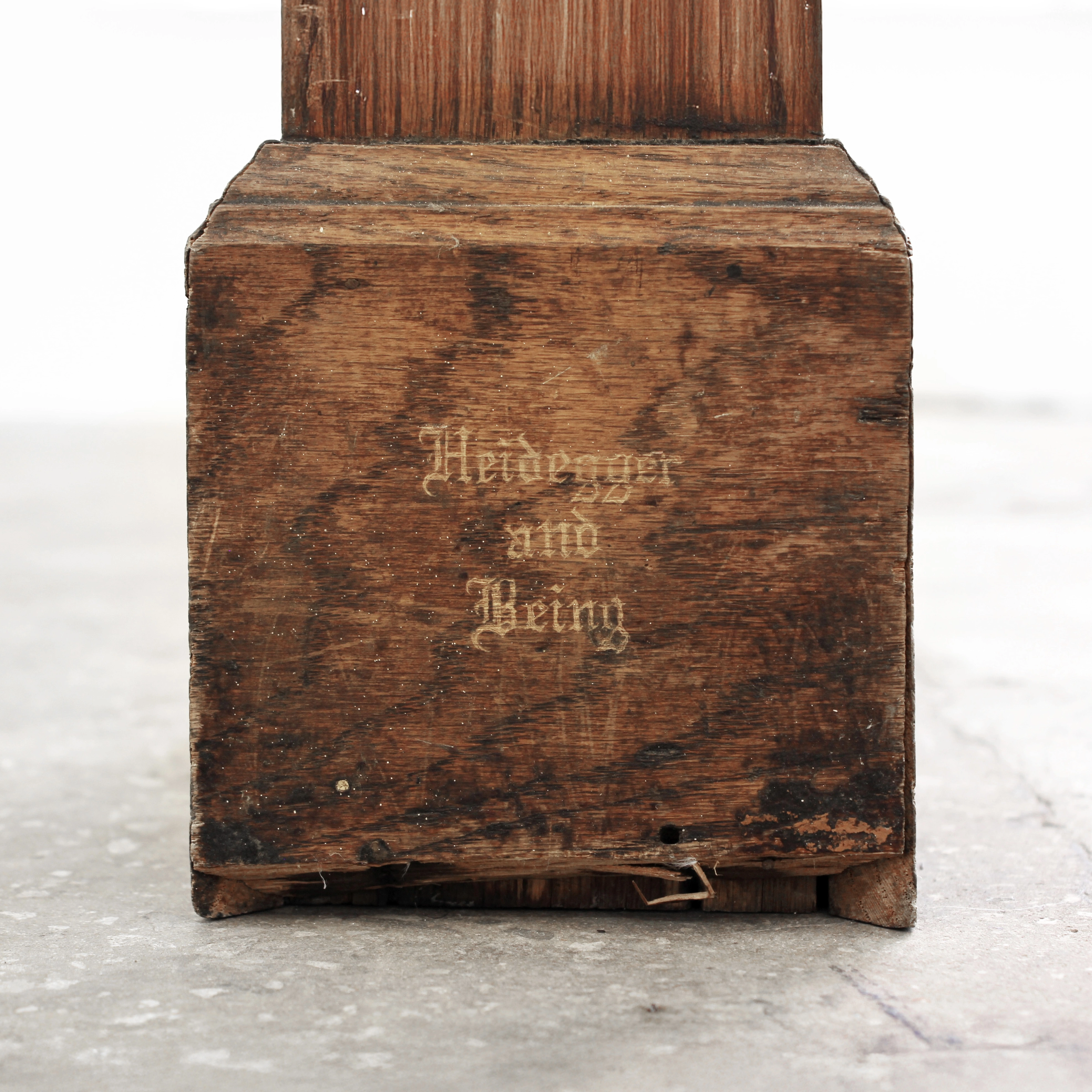 Alicia Bilbao, Heidegger and Being, 2026. Epoxy clay, fabric, dog hair, resin, wood, oil paint