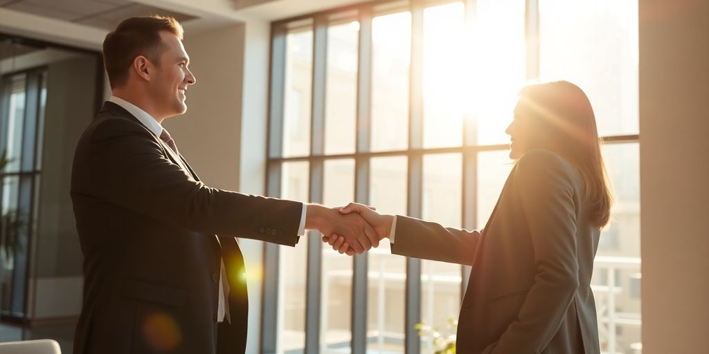 Business owner shaking hands with a financier.