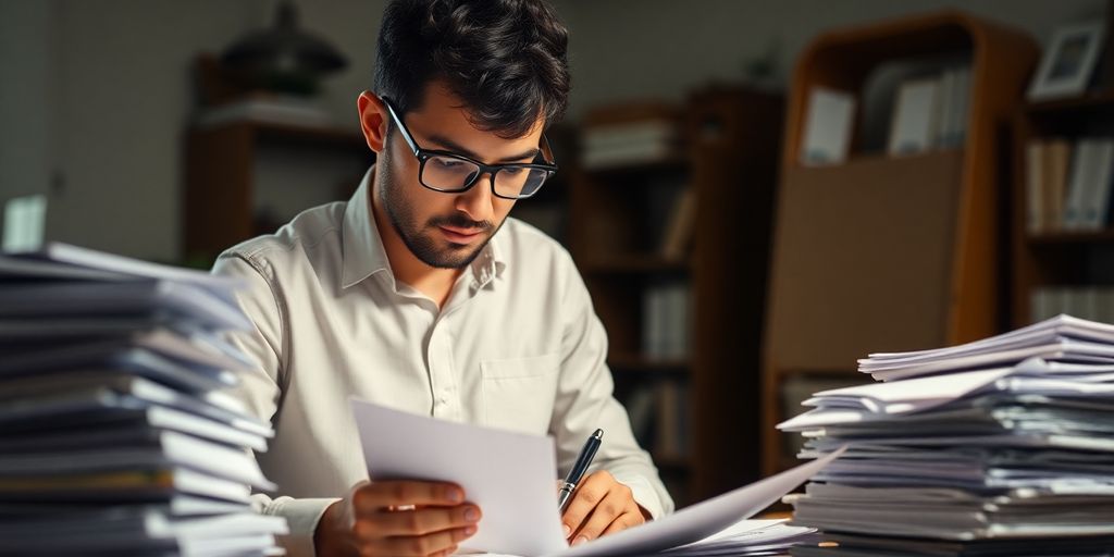 Small business owner reviewing financial documents.