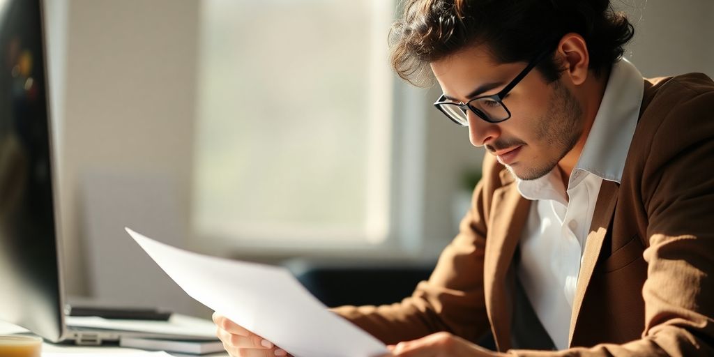 Small business owner reviewing financial documents.