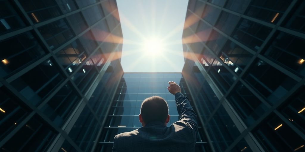 Person reaching for bright light above modern office.