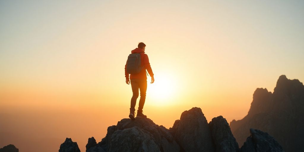 Man leaps up on a mountain peak.