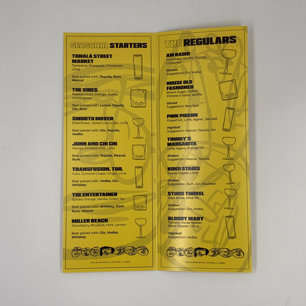 Image of the inside of a folded bar menu
