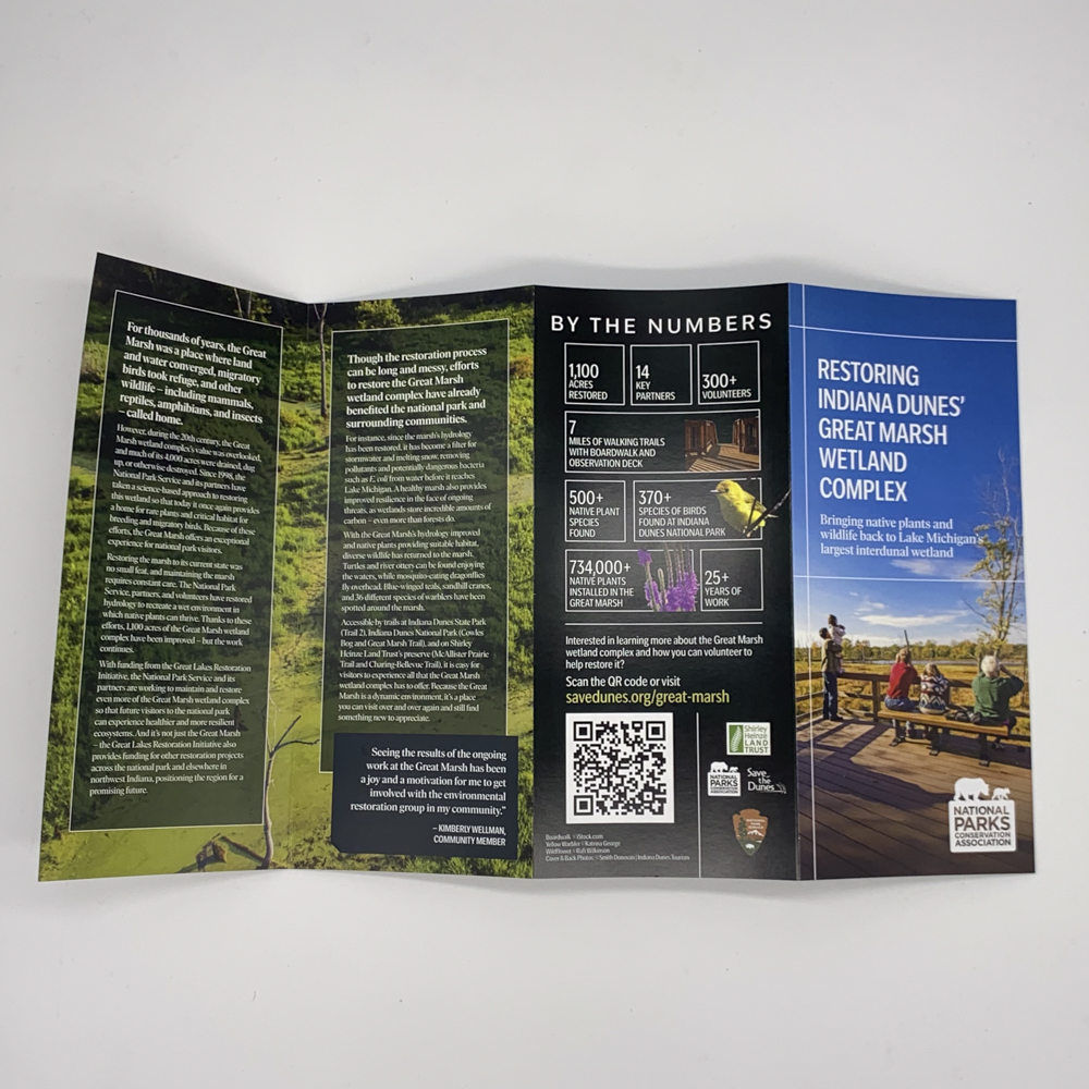 Front open side of folded brochure featuring the Indiana Dunes