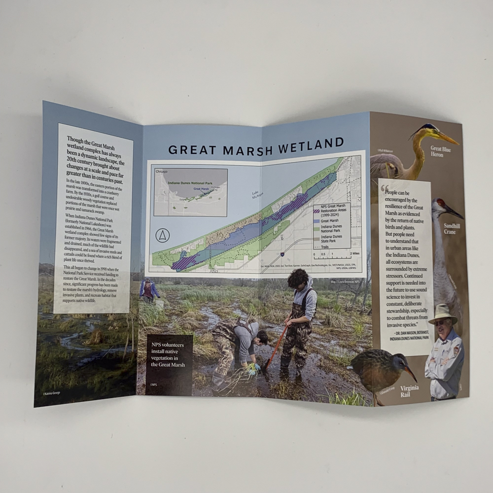 Back open side of folded brochure featuring the Indiana Dunes