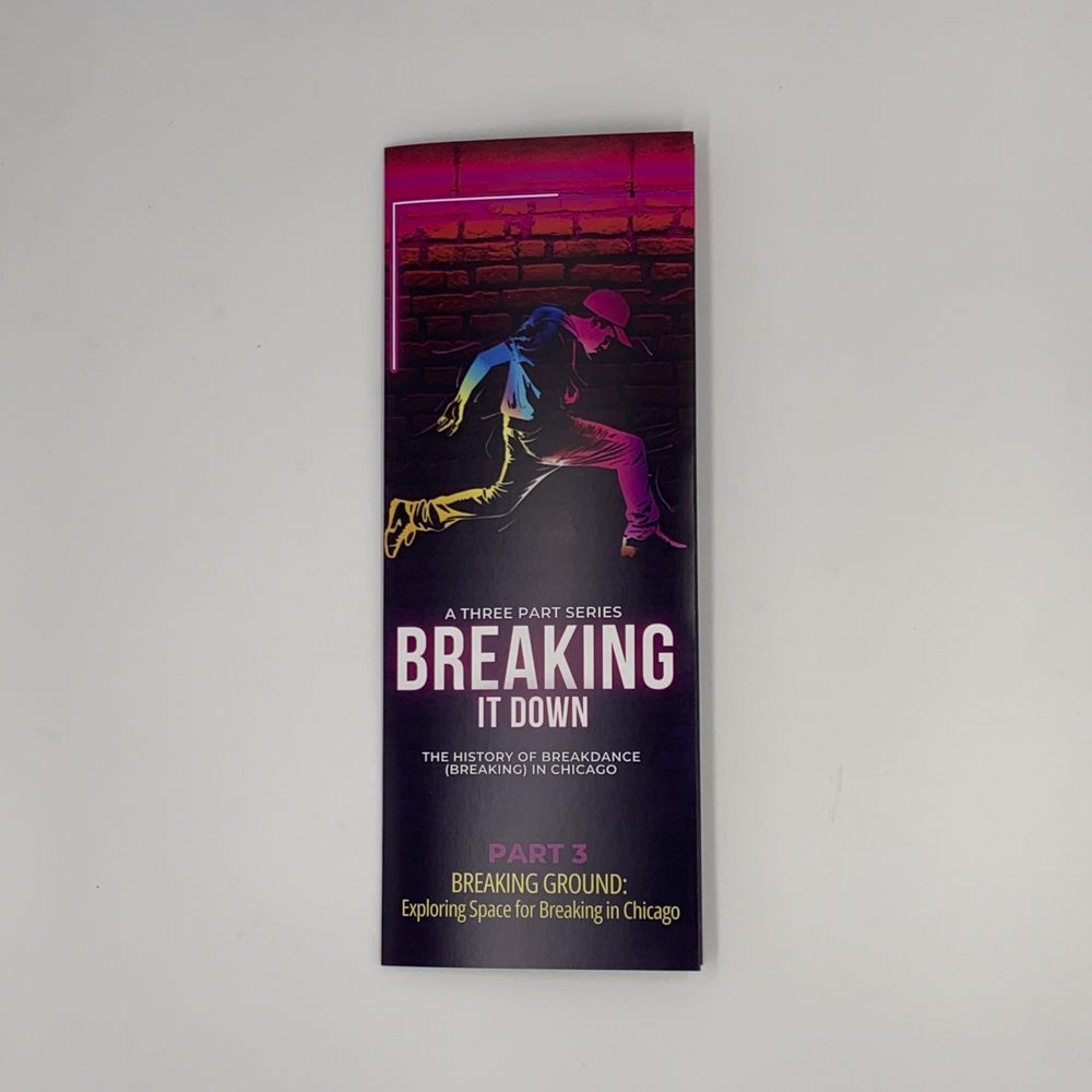 Image of the front of a closed trifold brochure for a breakdance show