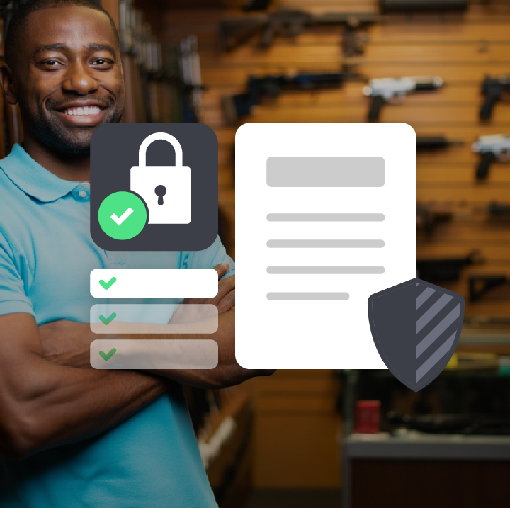 Man crossing arms in gun store with an illustration of compliance