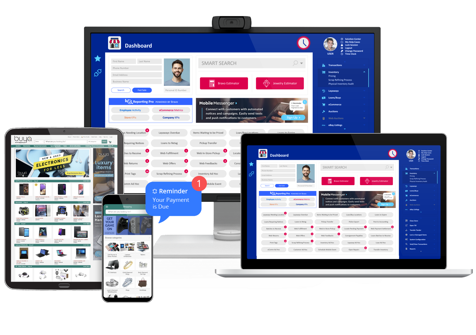 Bravo home-based FFL software shown on desktop, tablet, and mobile devices
