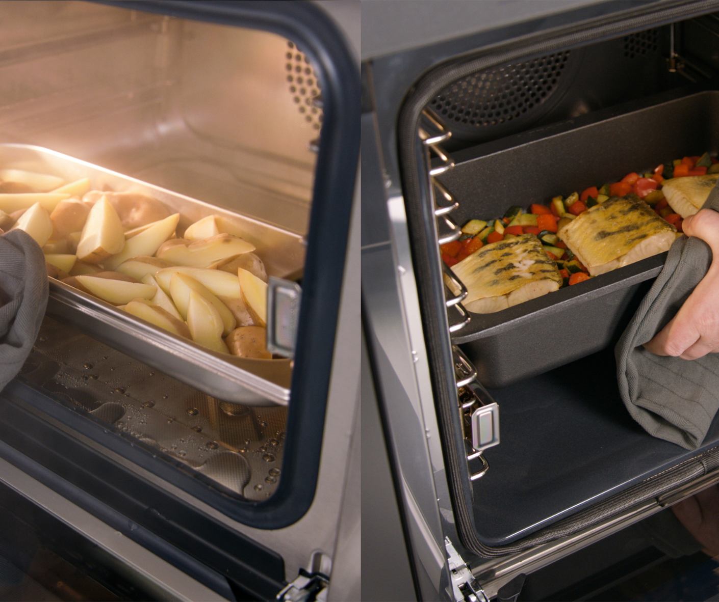 Il contorno cotto nel forno a vapore e il filetto di pesce su un letto di verdure preparato nel forno tradizionale sono pronti contemporaneamente grazie all’applicazione MealSync di Miele. (Foto: Miele)