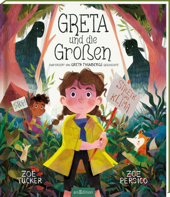 Buchcover «Greta und die Grossen», inspiriert von Greta Thunbergs Geschichte, mit einem Mädchen im gelben Regenmantel und Klimastreik-Schildern.