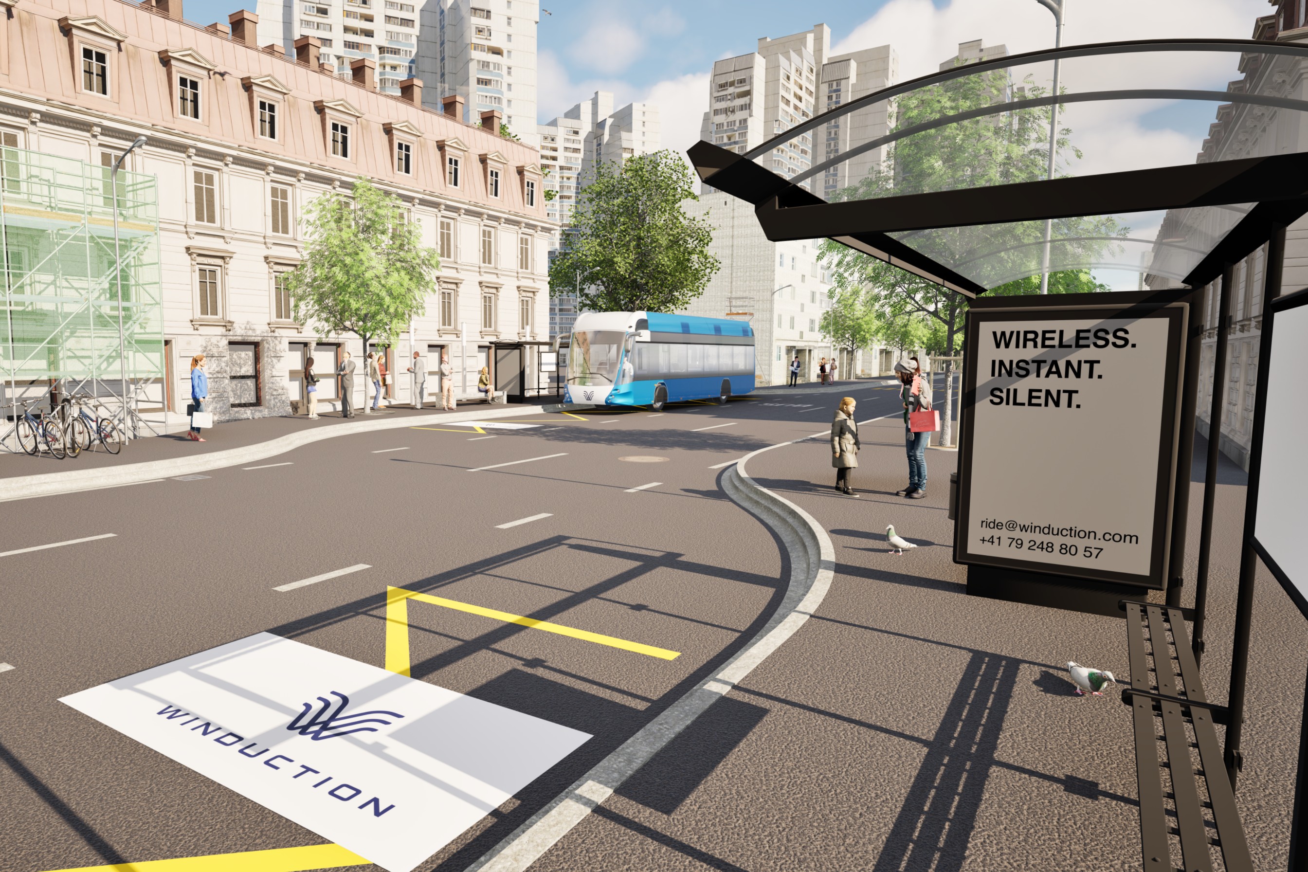 Wireless. Instant. Silent: So könnte die Busstation der Zukunft mit integrierter Winduction-Ladetechnik aussehen.