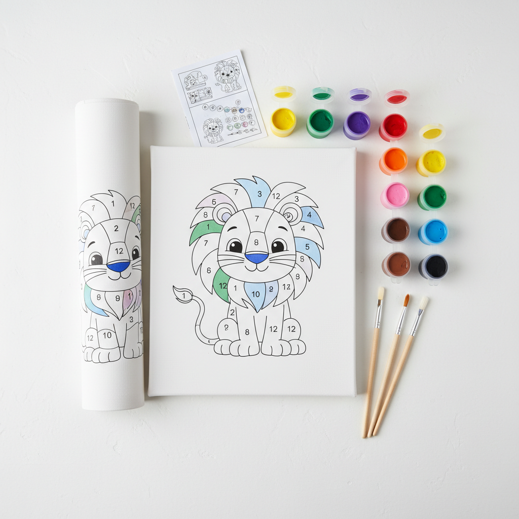 Kit de peinture par numéros pour enfants présenté à plat, montrant la toile, les pots de peinture et les pinceaux