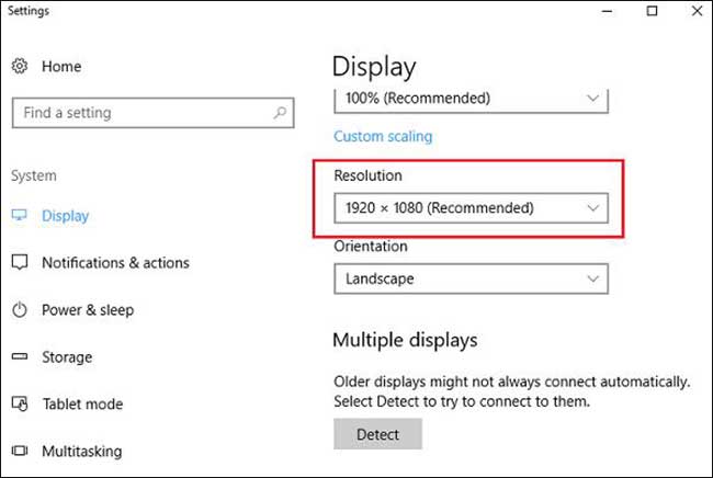 Chỉnh độ phân giải màn hình trong mục Resolution