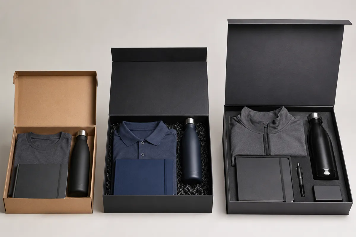 Three branded welcome packs of increasing quality representing essentials, standard and premium budget tiers