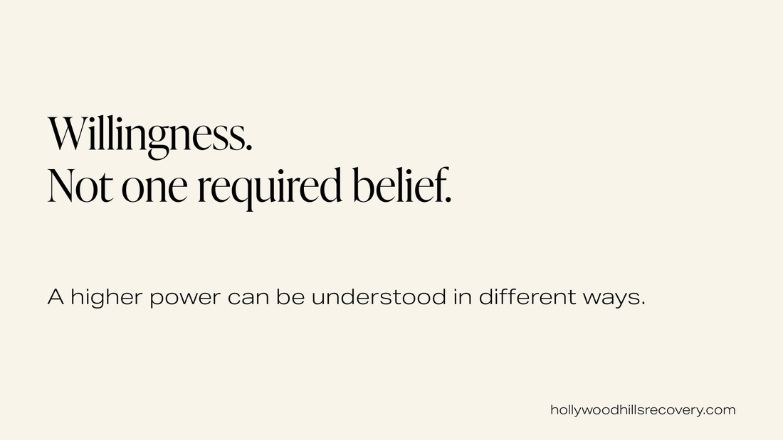 Text graphic: Willingness. Not one required belief. A higher power can be understood in different ways.