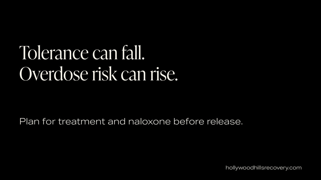 Text graphic: Tolerance can fall. Overdose risk can rise. Plan for treatment and naloxone before release.