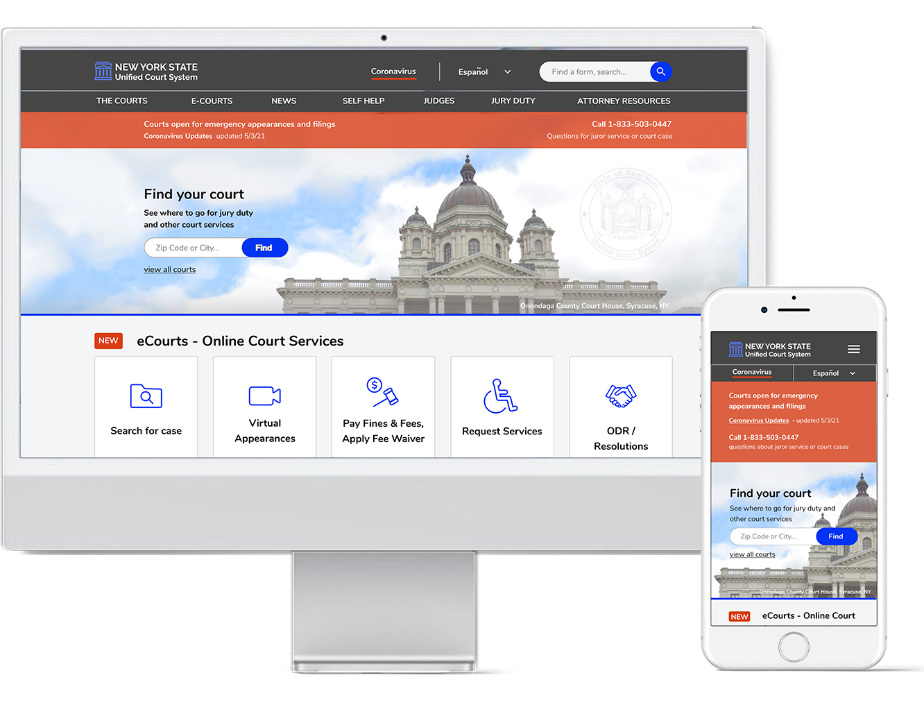 Hi-Fi desktop and mobile homepage mock-ups of New York State Courts