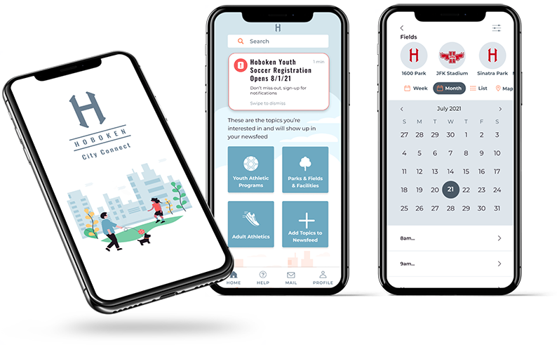 Hi-Fi screen mock-ups of Hoboken City Connect App