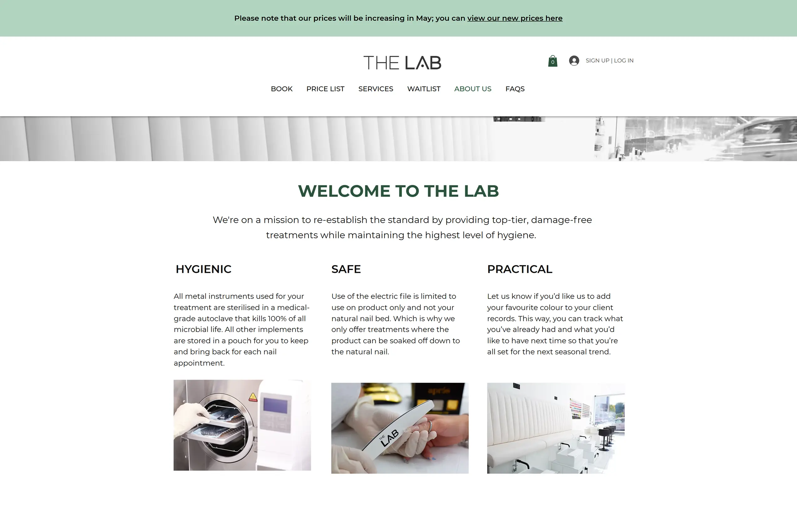 About us page that features a 3 column grid with the reasons to visit (hygienic, safe, practical). 