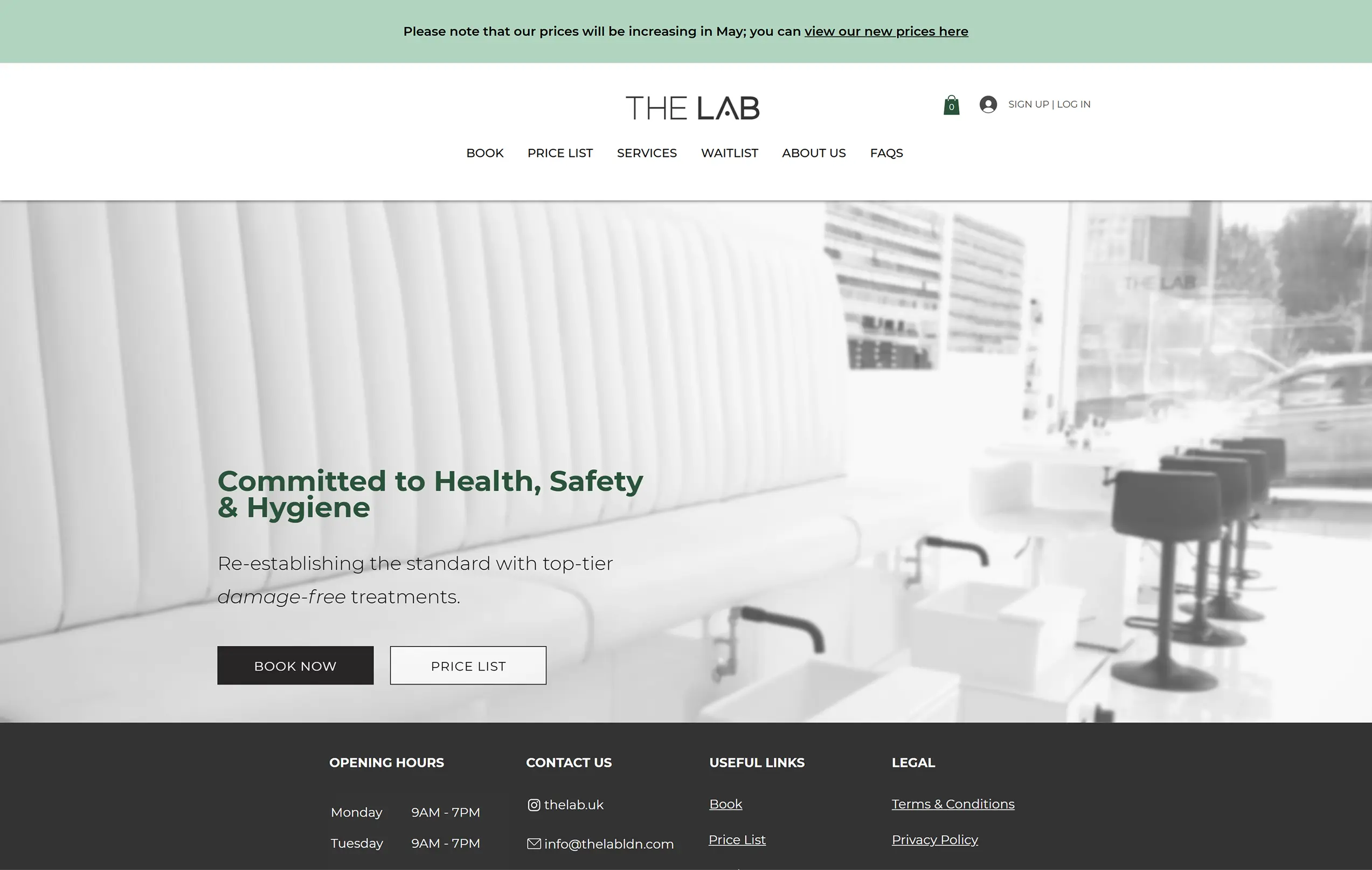 Homepage showing a hero banner that says 'committed to health, safety, & hygiene'