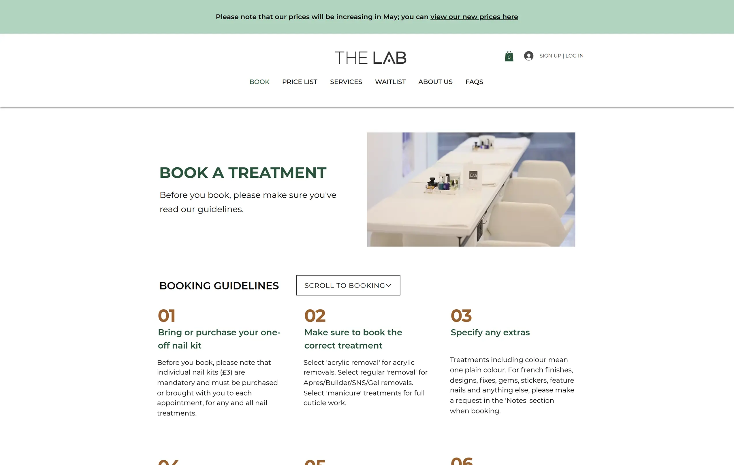 Book a treatment page showing the booking guidelines next to a 'scroll to booking' button