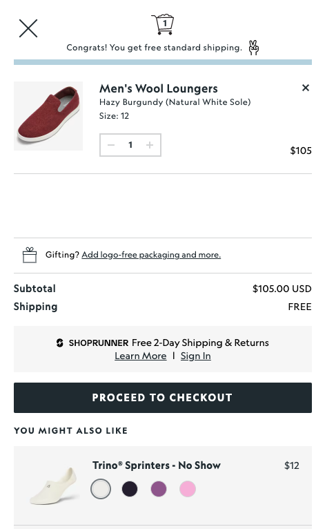 eCommerce Product Page Optimization Tips | allbirds features a product recommendation in the mini cart. Product page conversion