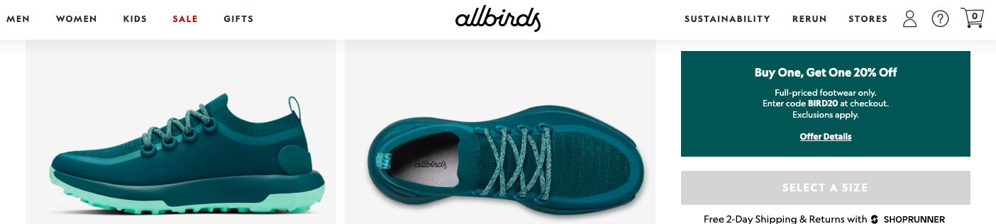 ecommerce product page optimization | Allbirds makes all discount information upfront on their product pages