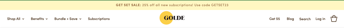 Golde uses its sticky header to announce new sales and offers