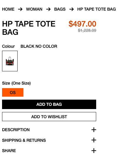 Heron Preston puts their wishlisting CTA in a different color