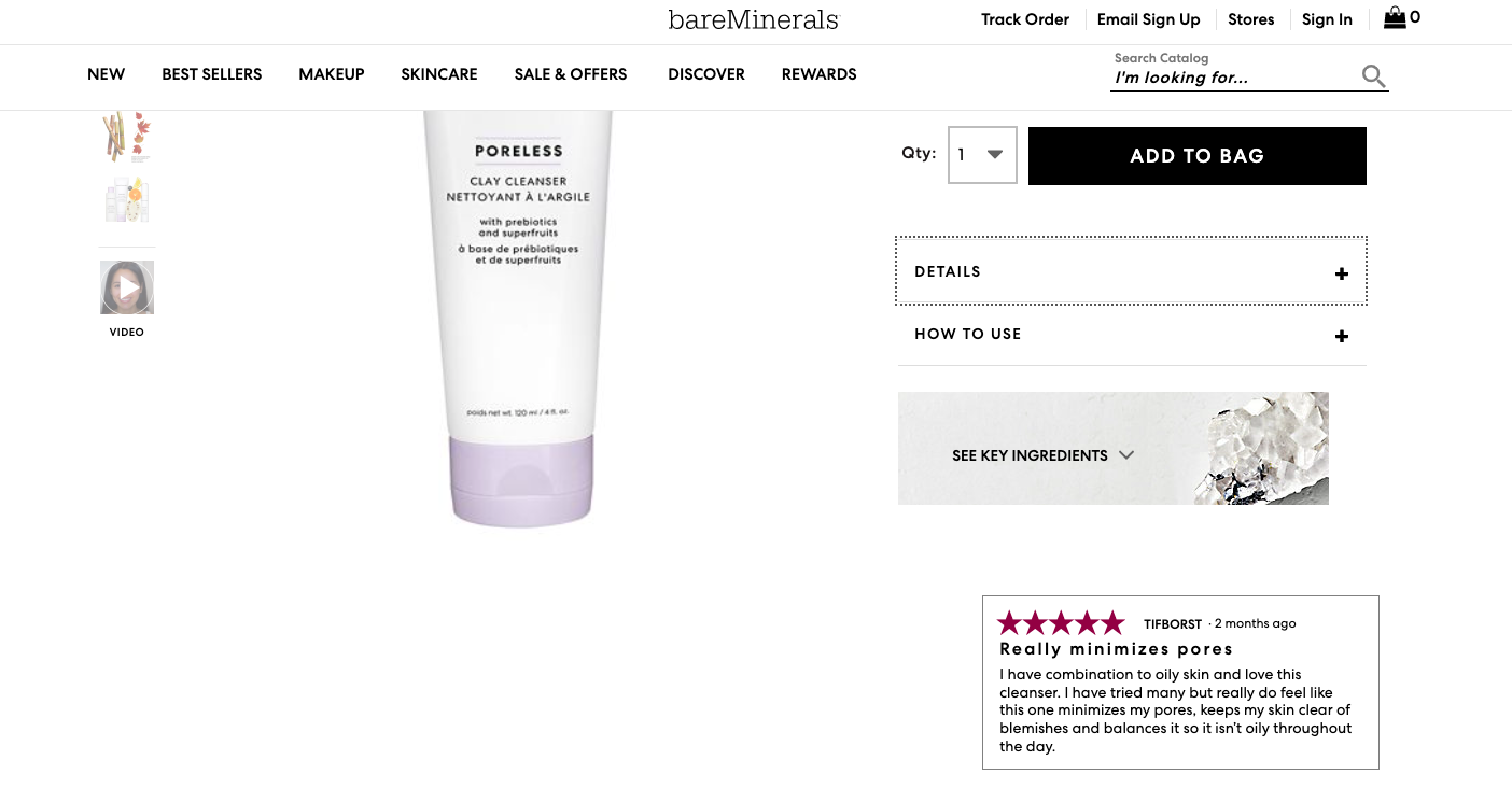 ecommerce product page optimization | Bare Minerals features a favorable review right beneath the product description section