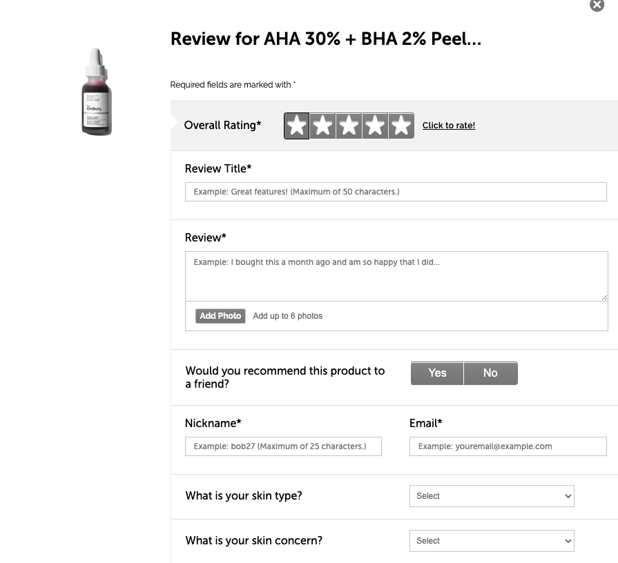 The Ordinary asks customers relevant questions so that they can write more elaborate reviews
