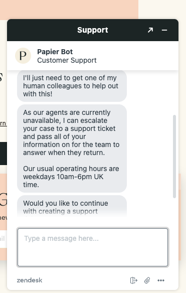 product page optimization tips | Papier ensures its canned responses offer enough information to interested shoppers