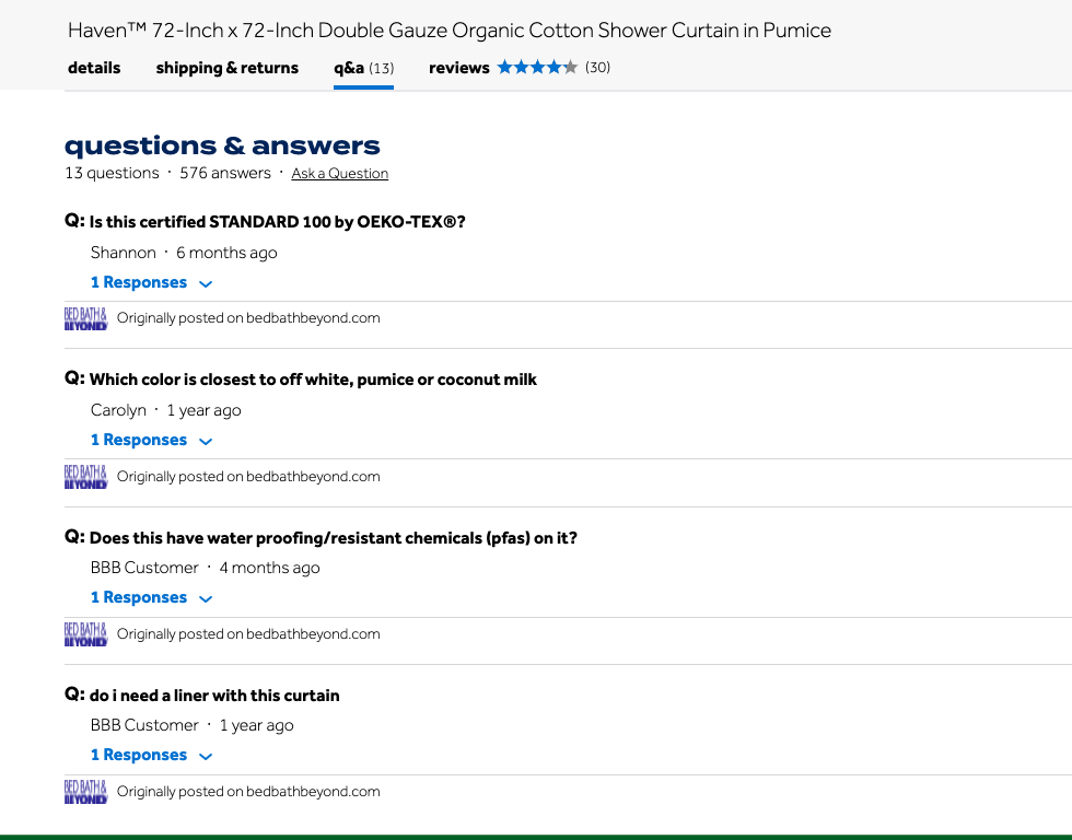 Bed Bath & Beyond features a Q&A section across all their product pages