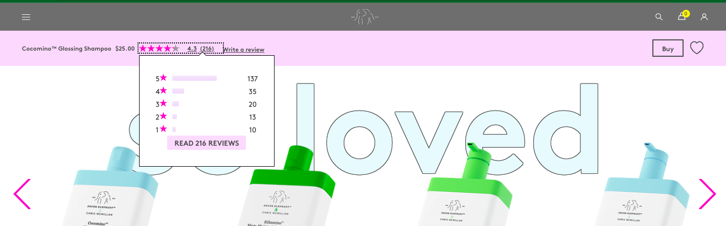 Drunk Elephant features its product reviews on the sticky header for easier access by shoppers