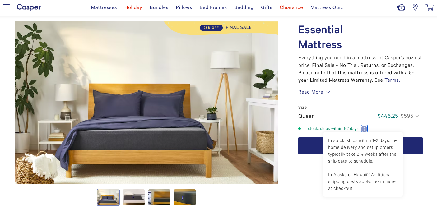 Casper labels its main product image if the product in question is under sale