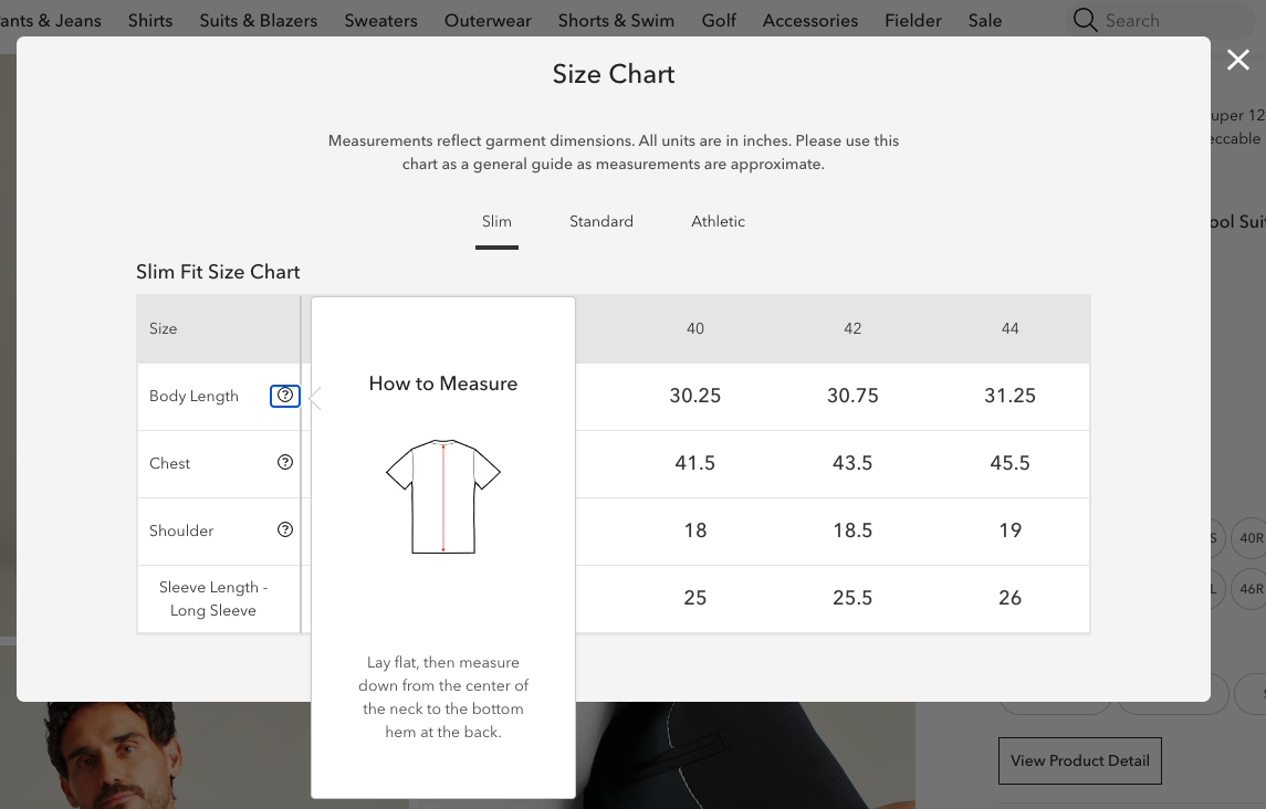 product page optimization | Bonobos offers an internationally recognized size chart