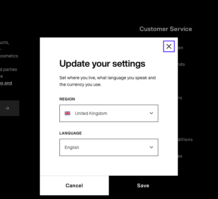product page optimization | Lush allows shoppers to change language and location settings