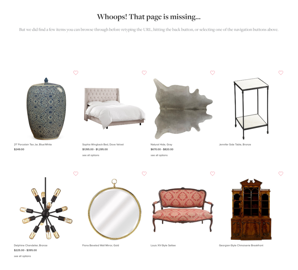 One Kings Lane leverages its 404 error pages by recommending products